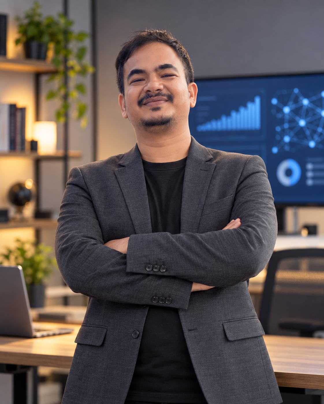 Prajwal Shrestha, an approachable AI marketing expert, standing in a modern office